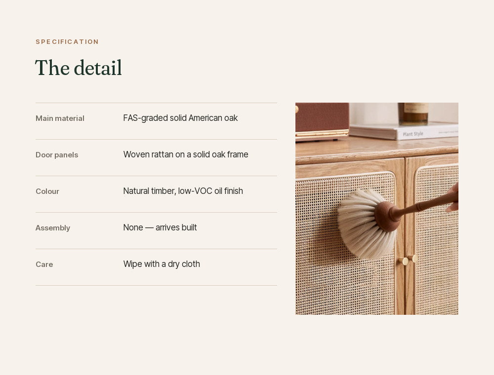 Specification list: solid American oak, woven rattan doors, oil finish, no assembly