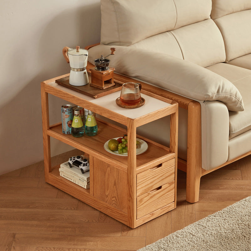 Grover Solid American Oak Coffee Table with Ceramic, Drawer and Casters – view 3