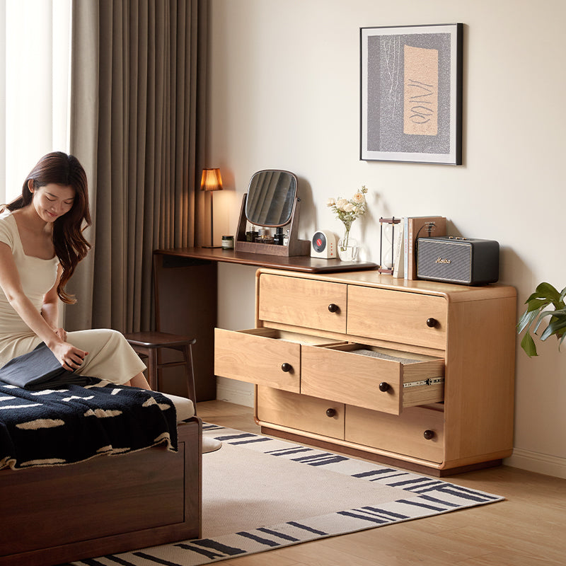 Isadore beech wood dressing table with six drawers and stool – view 9
