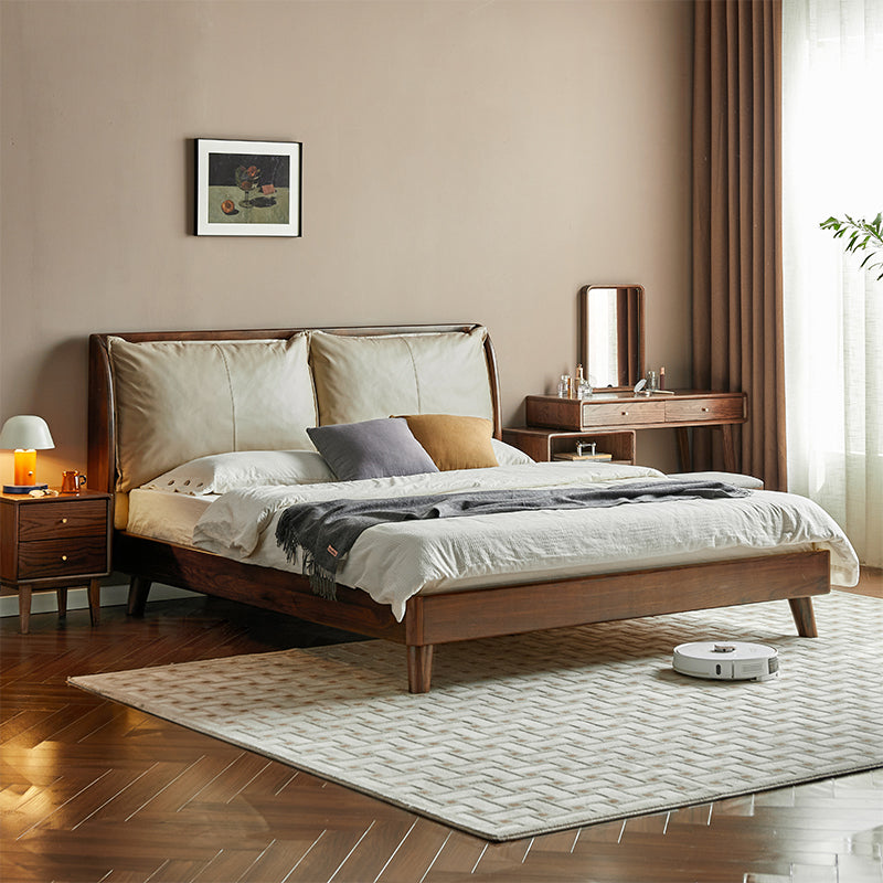 Lennox solid black walnut bed frame with leather headboard