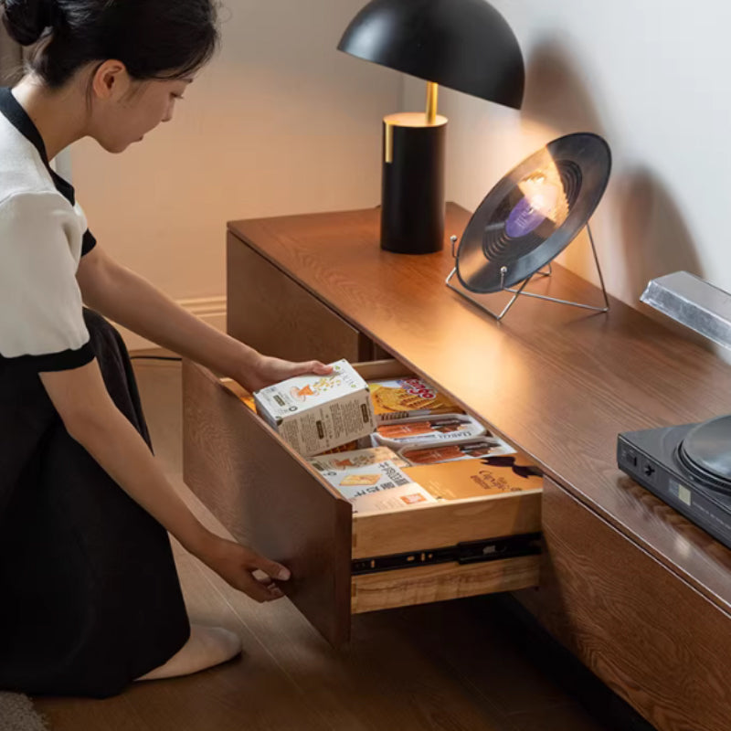 Lenore extendable timber entertainment unit in walnut and black – view 7