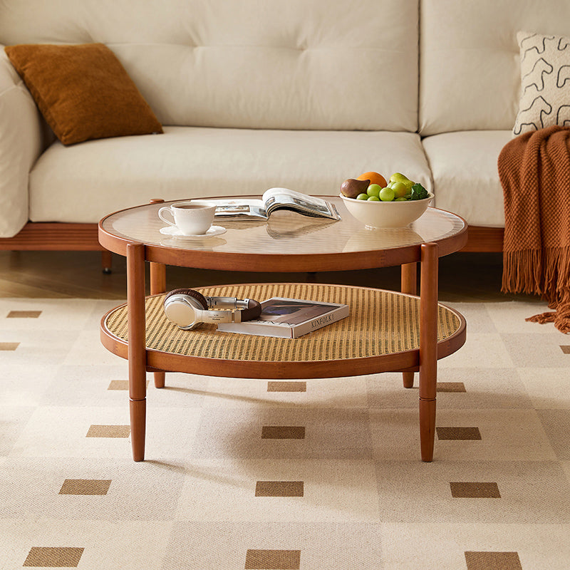 Marcella round rubberwood and rattan coffee table with glass top
