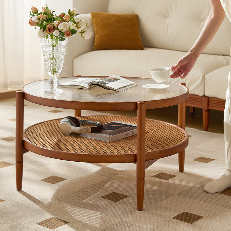 Marcella round rubberwood and rattan coffee table with glass top – view 3