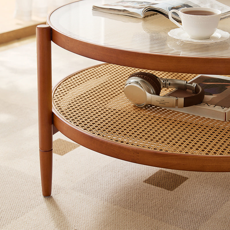 Marcella round rubberwood and rattan coffee table with glass top – view 5