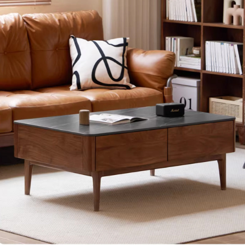Mila solid black walnut and ceramic coffee table with drawer – view 12