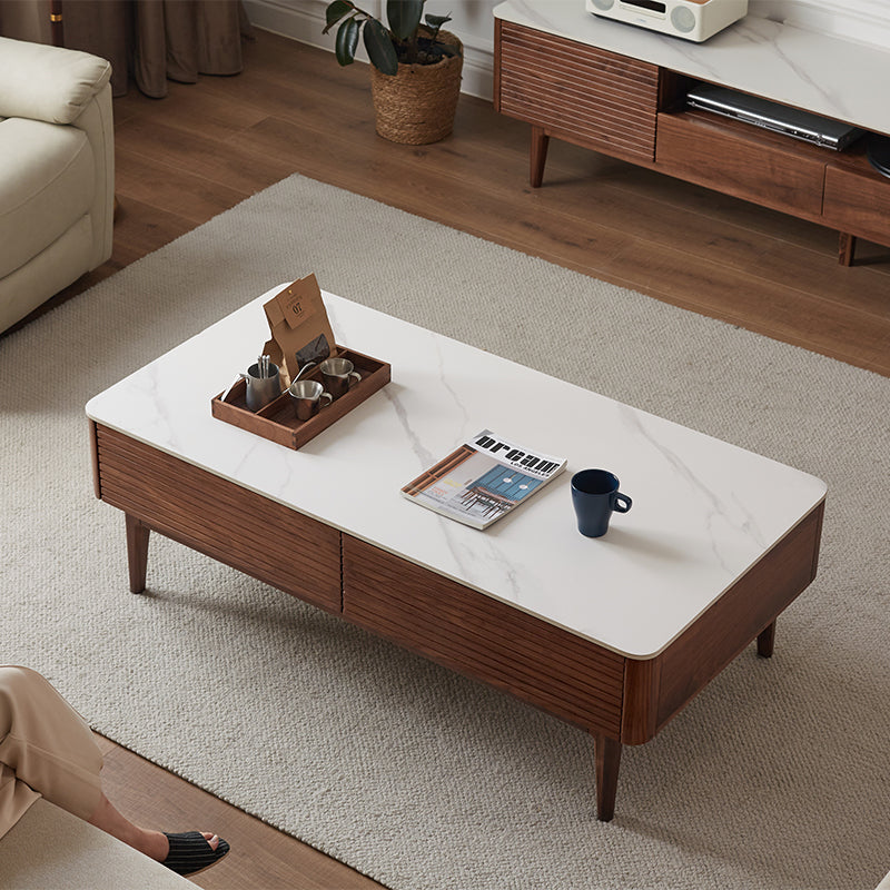 Mila solid black walnut and ceramic coffee table with drawer – view 2