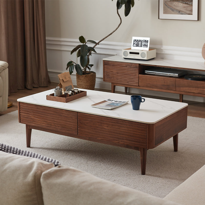Mila solid black walnut and ceramic coffee table with drawer – view 3