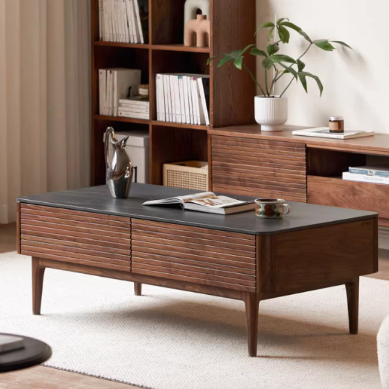 Mila solid black walnut and ceramic coffee table with drawer – Black, view 11