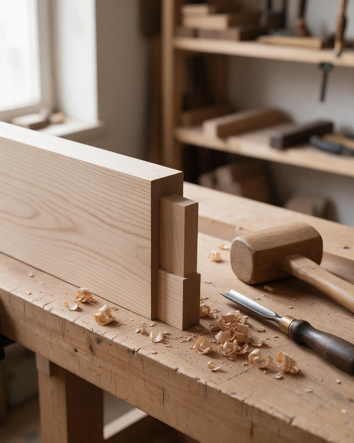 A mortise-and-tenon joint cut in solid oak on a workbench beside a mallet and chisel