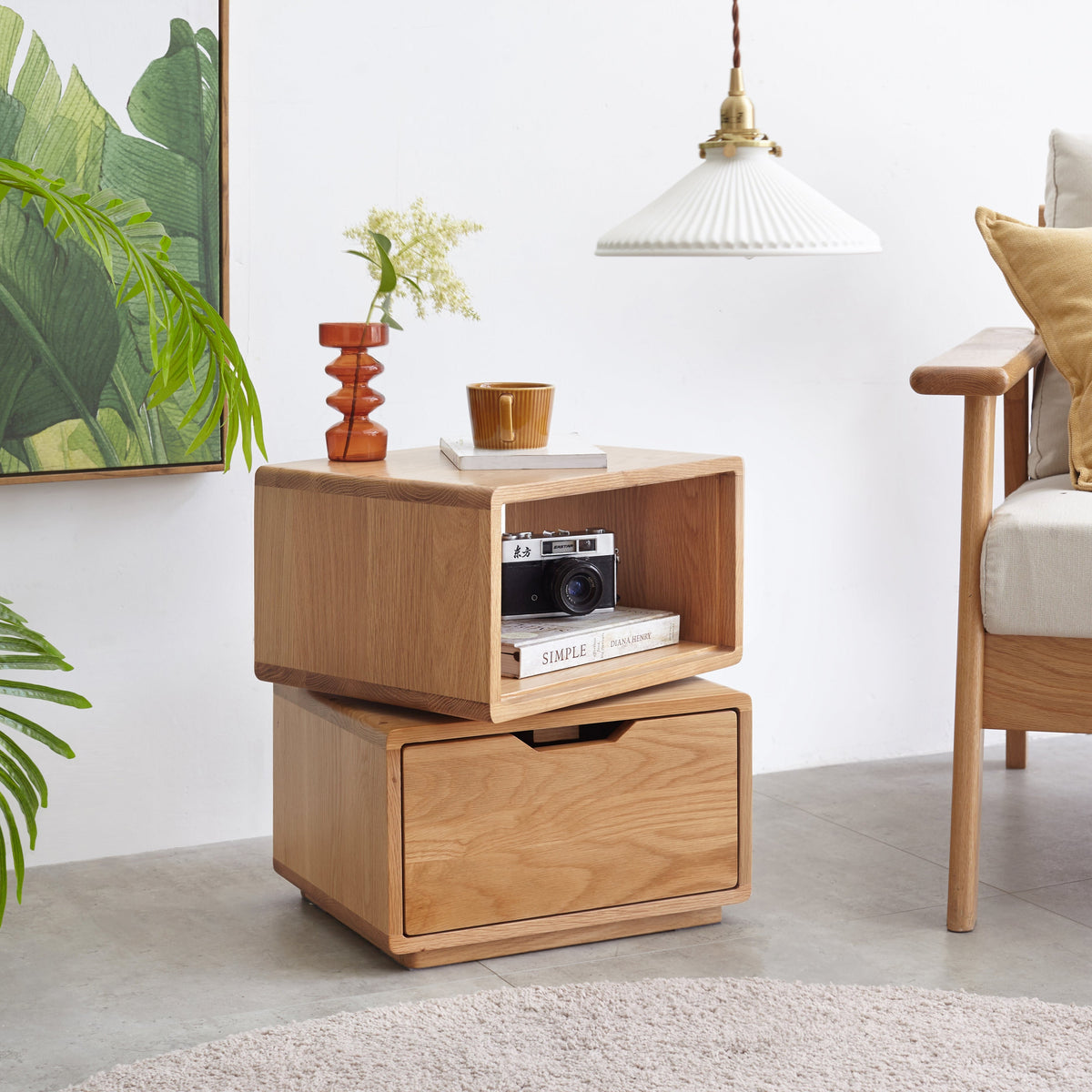 Sage Solid American Oak Side Table with Swivel Top and Drawer