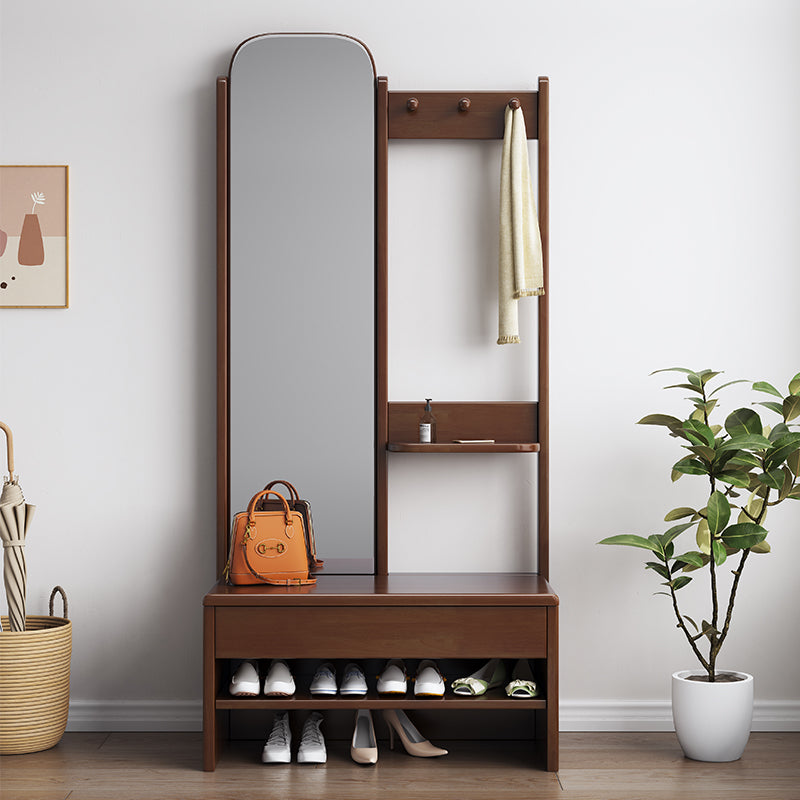 Rubberwood shoe bench with coat rack and mirror in walnut finish