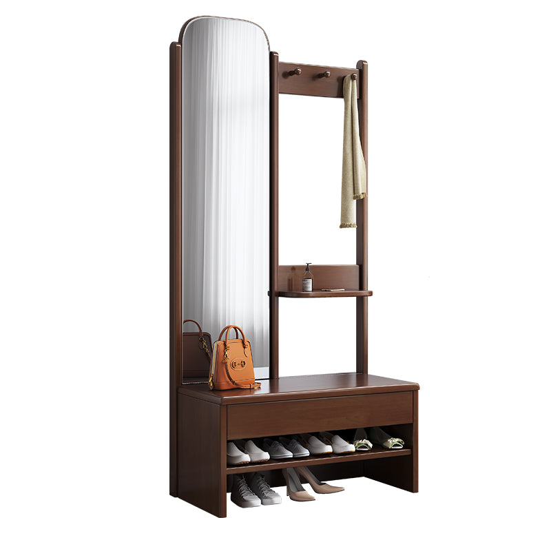 Rubberwood shoe bench with coat rack and mirror in walnut finish – view 2