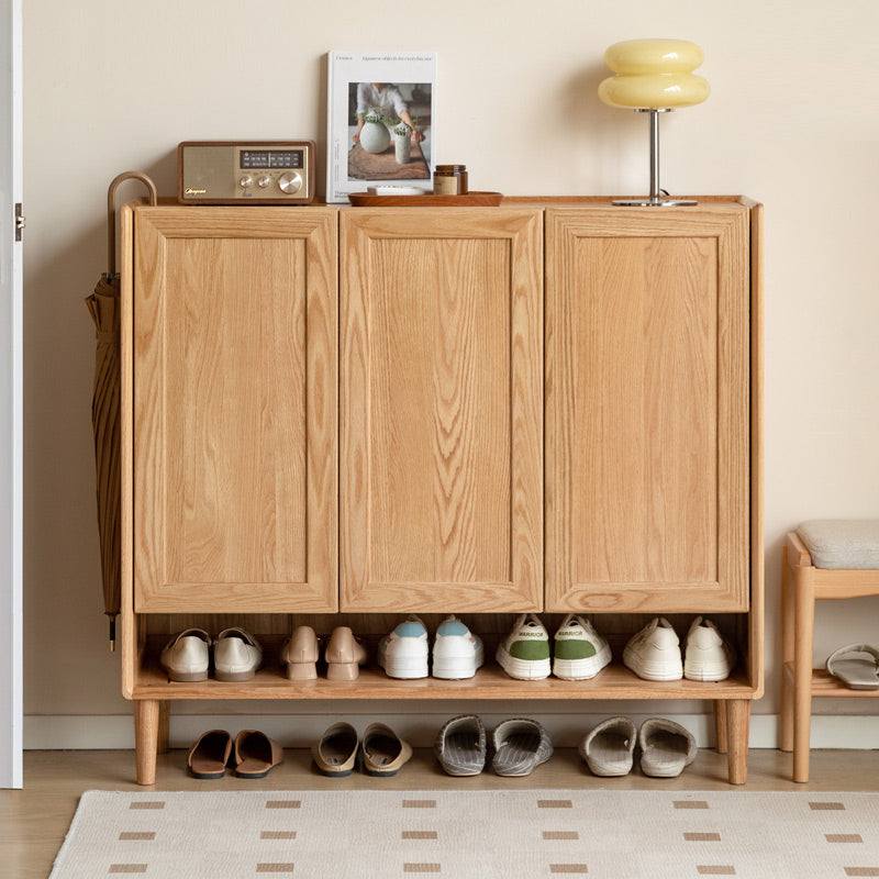 Solid American Oak 3-Door Shoe Cabinet with Open Shelf 110cm