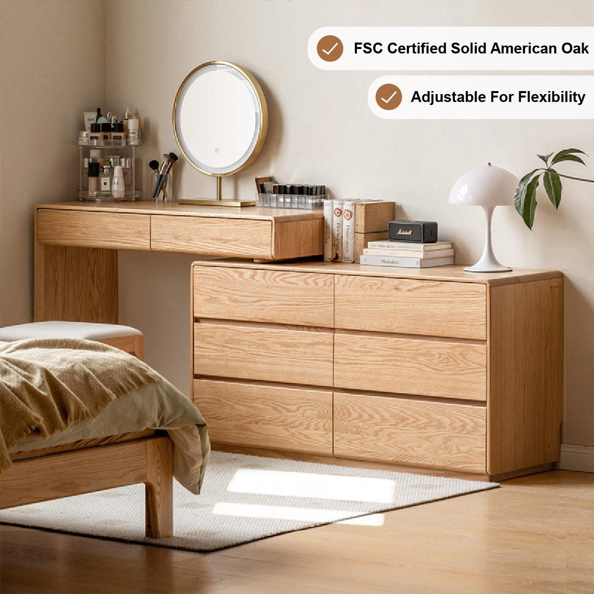 Alyjah Solid American Oak Dressing Table – Natural Wood Right Cabinet, Natural Wood Left Cabinet, view 2