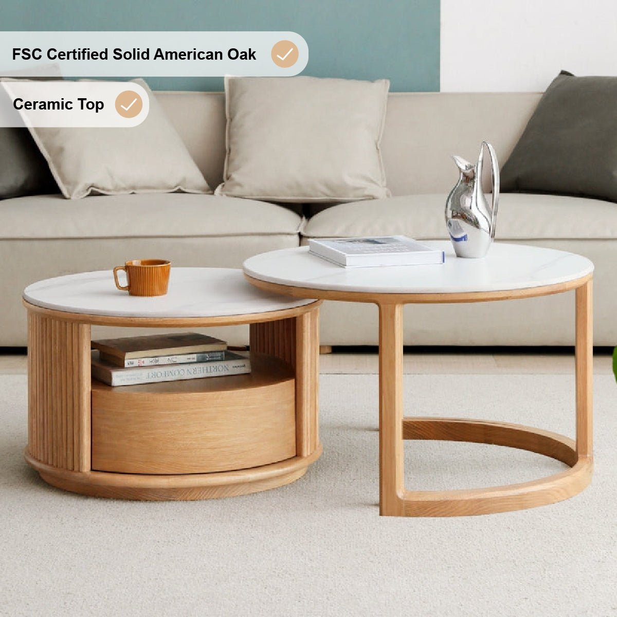 Lyes Solid American Oak Round Nesting Coffee Table Set with Drawer – view 2