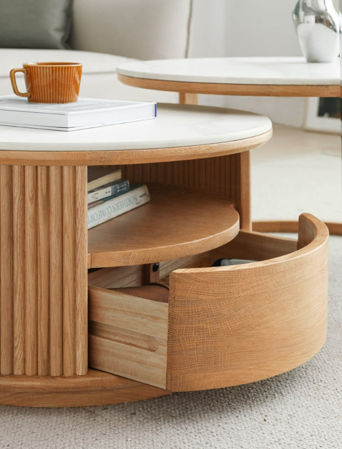 Lyes Solid American Oak Round Nesting Coffee Table Set with Drawer – view 6