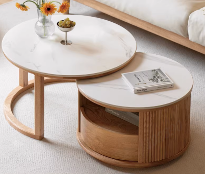 Lyes Solid American Oak Round Nesting Coffee Table Set with Drawer – view 7