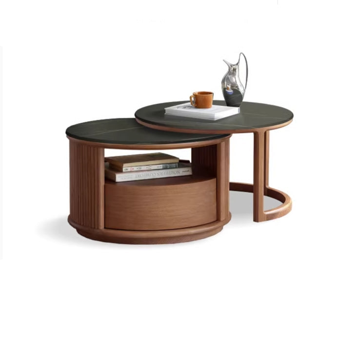 Lyes Solid American Oak Round Nesting Coffee Table Set with Drawer – Walnut, view 9