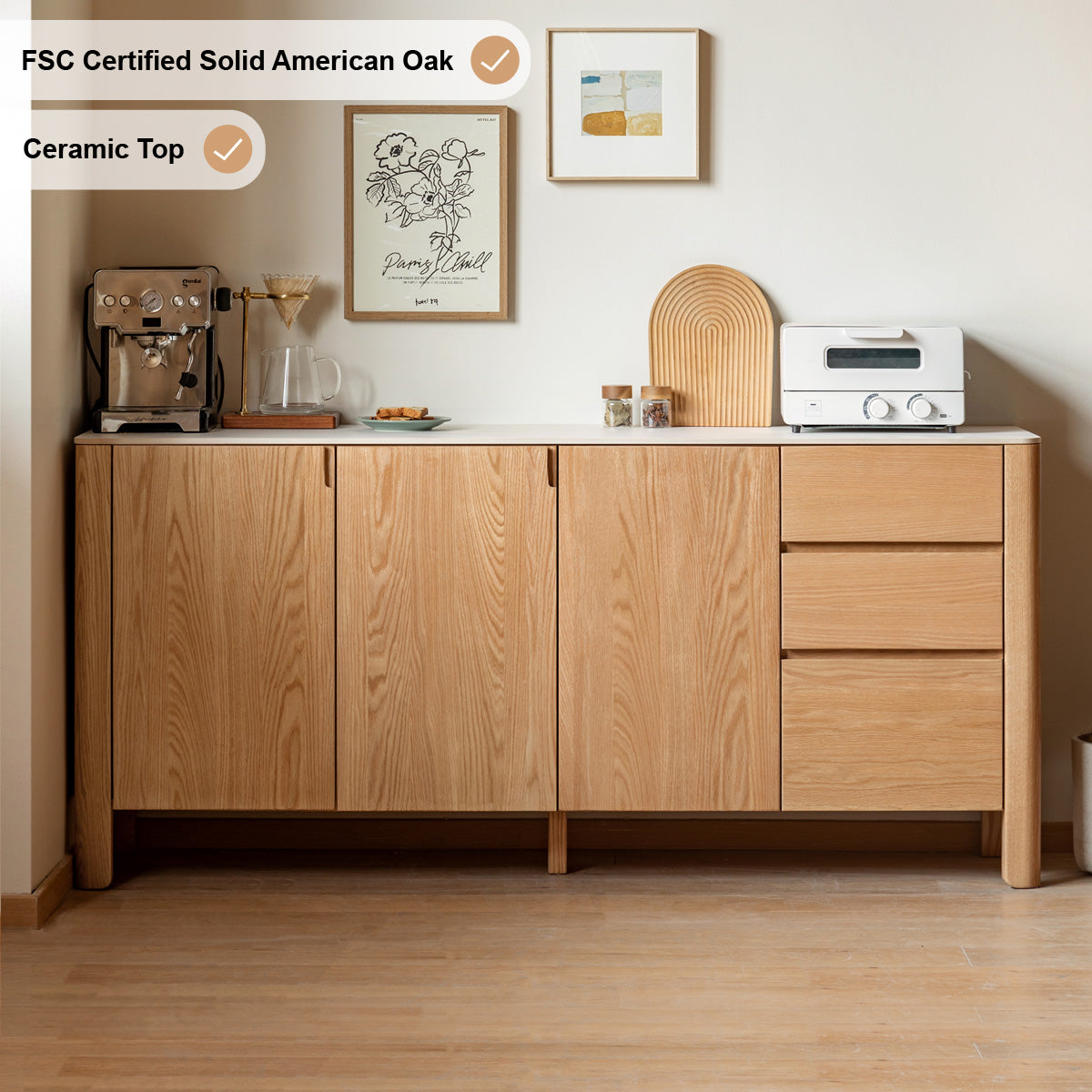 Mainn Solid American Oak Ceramic-Top Sideboard 150cm 180cm – view 2