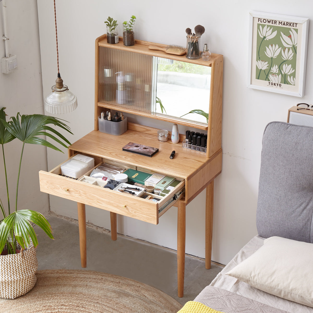Solid Oak Dressing Table with Sliding Mirror Door and Drawer 75cm