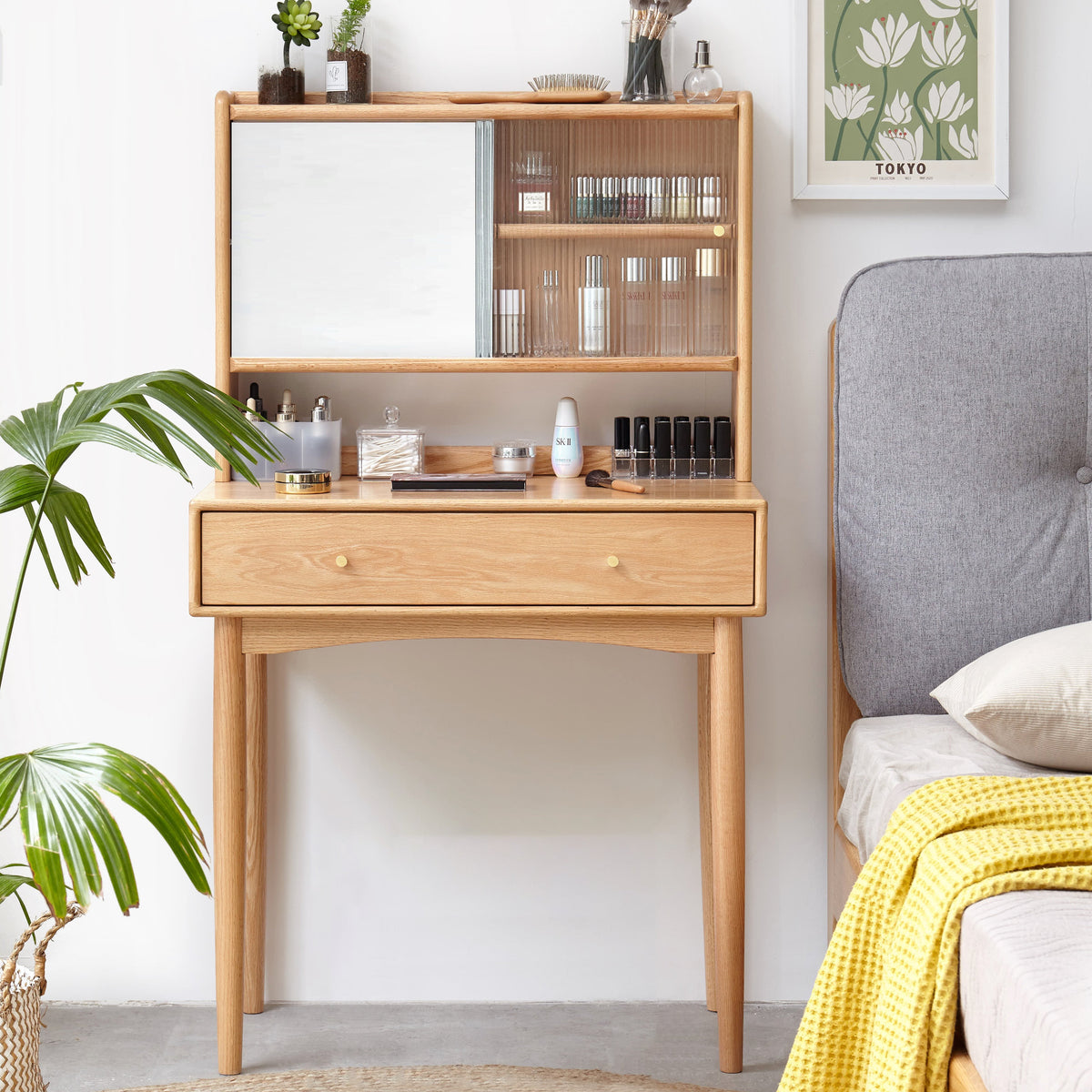 Solid Oak Dressing Table with Sliding Mirror Door and Drawer 75cm – view 2