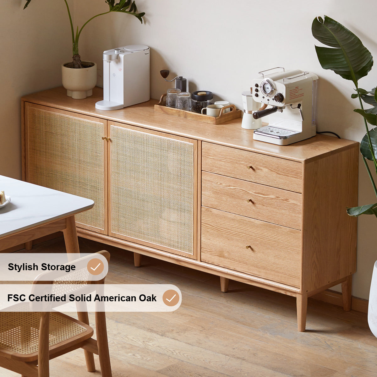 Solid Red Oak Rattan-Door Sideboard 150cm – view 2