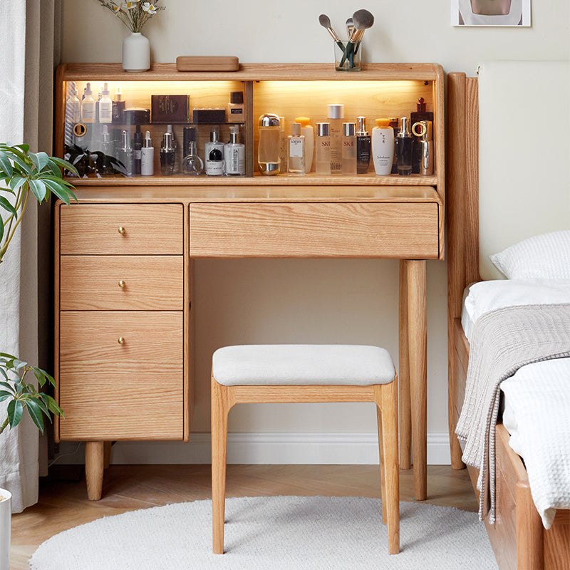 Zachary Solid Oak Timber Vanity Table with Drawer & Stool